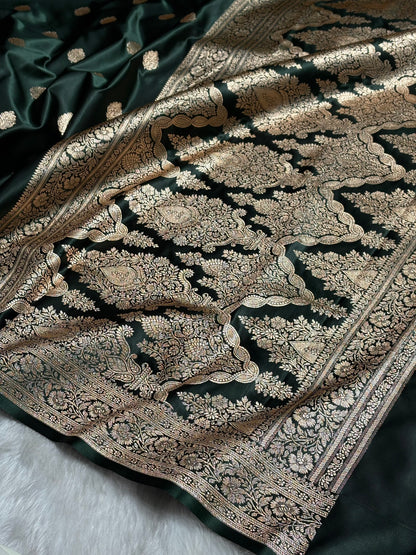 Dark Bottle Green Booti Pattern Satin Katan Silk Saree SK65