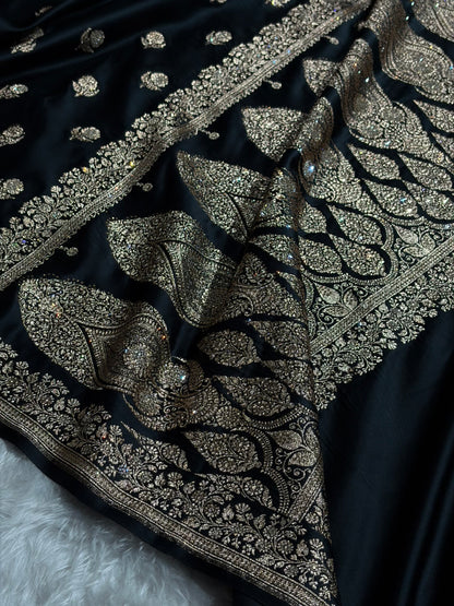 Banarasi Black Floral Booti With Swarovski Work Katan Silk Saree BSK23