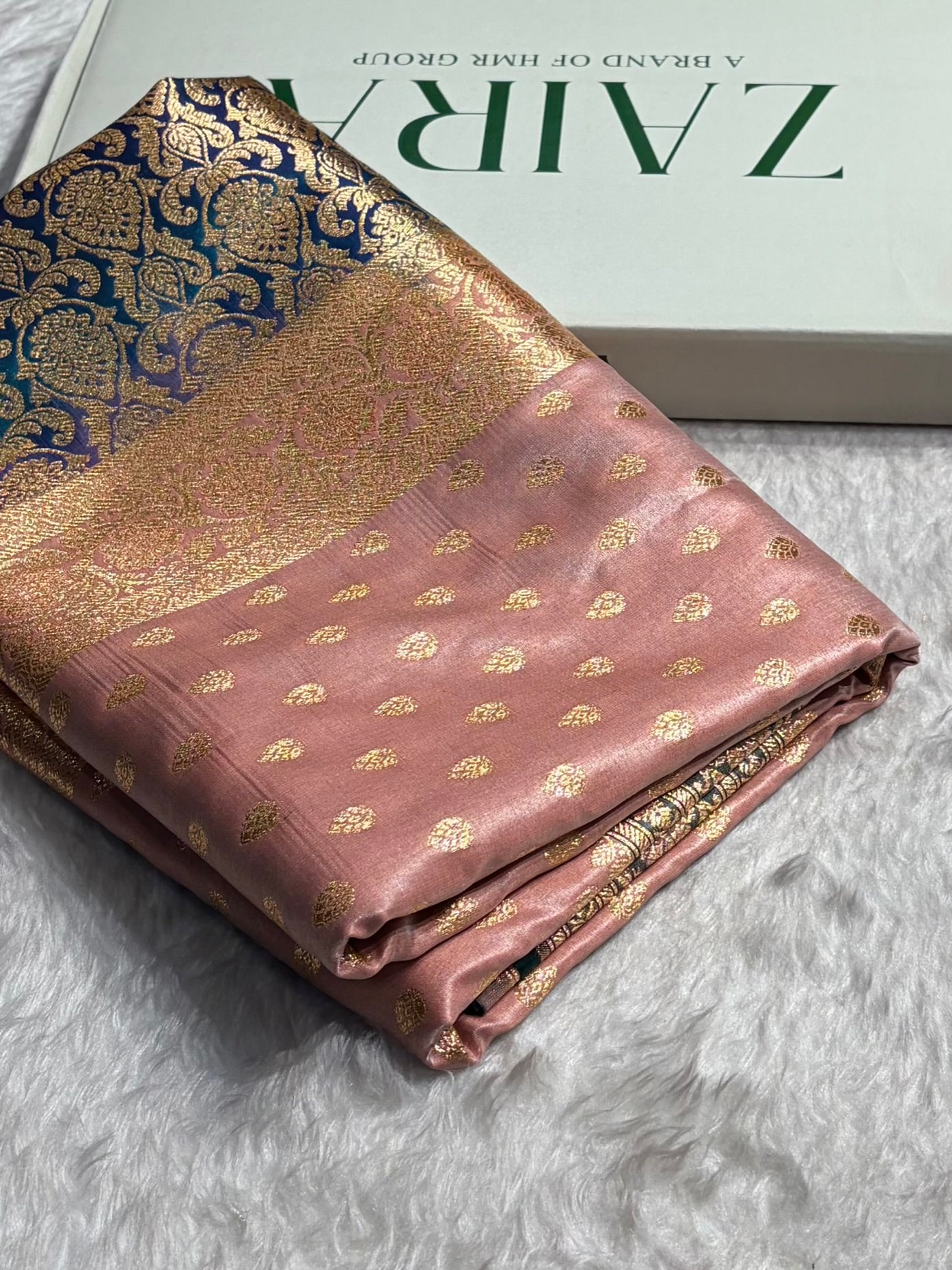 Banarasi Contrast Satin Silk Booti in Rose Gold With Purple Shades SS01