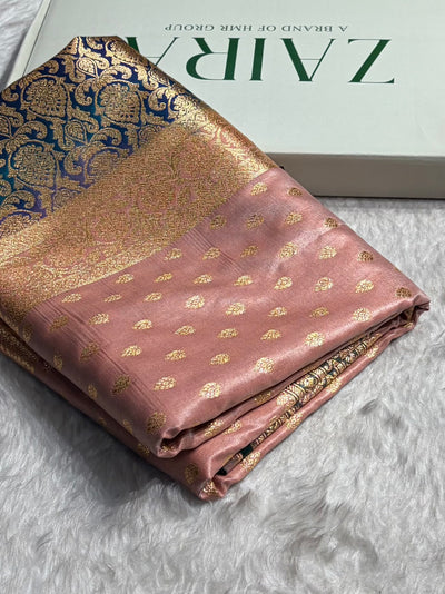 Banarasi Contrast Satin Silk Booti in Rose Gold With Peacock Shades SS01