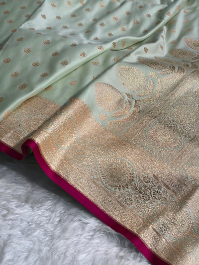 Banarasi Satin Katan Silk Saree In Light Pista Shades SK10