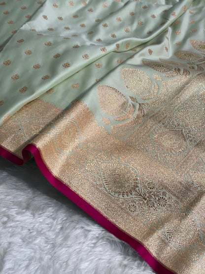 Banarasi Satin Katan Silk Saree In Light Pista Shades SK10
