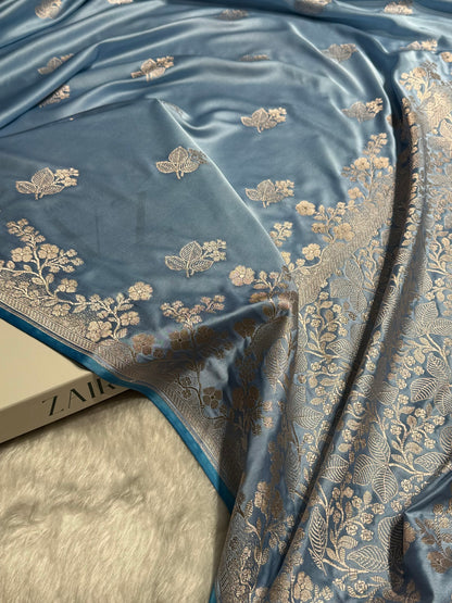Banarasi Sky Blue Shades With Floral Border Mashru Silk Saree MCS83