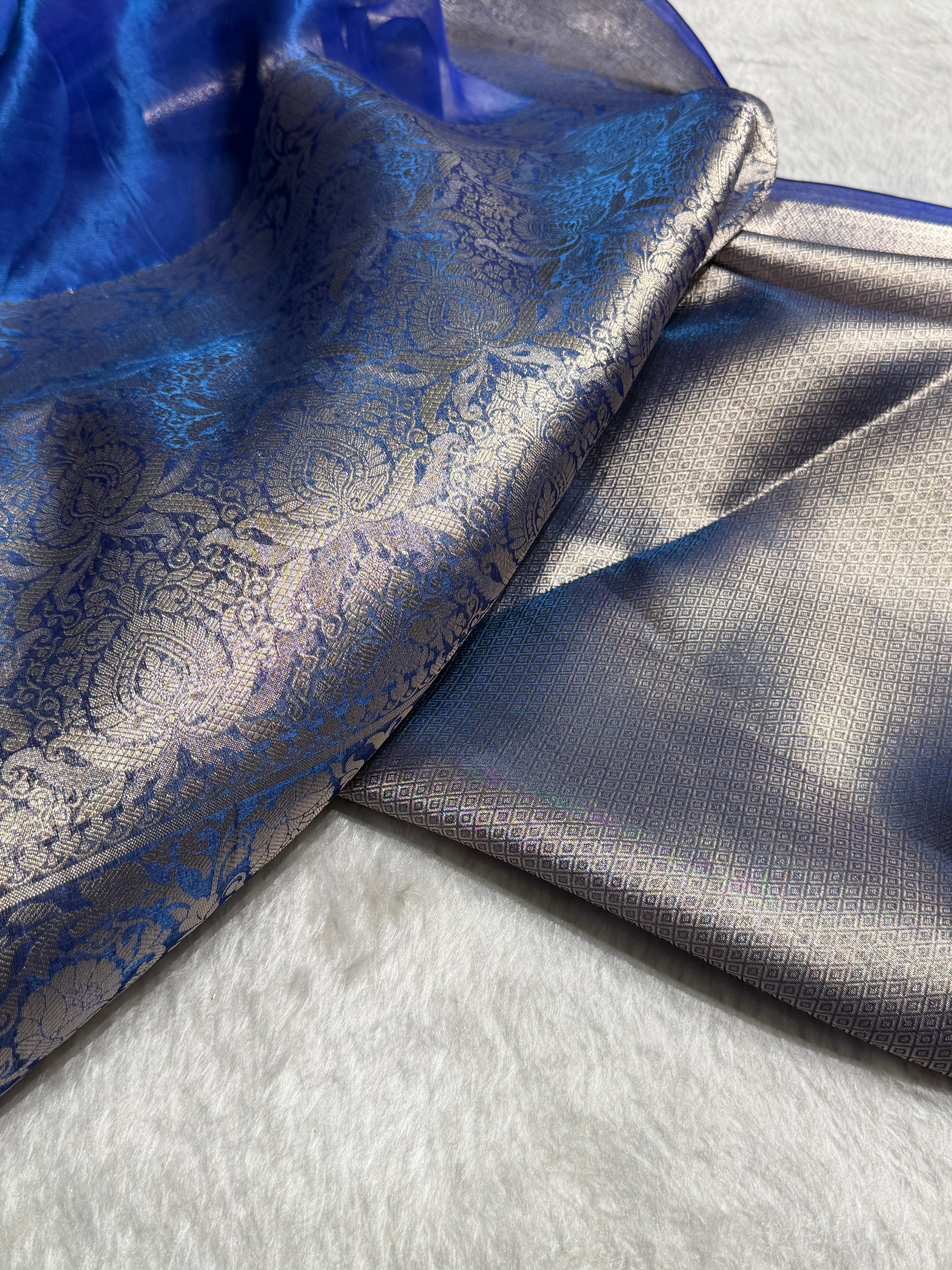 Royal Blue Shades Pure Tissue Silk Saree with Brocade Blouse PT-18