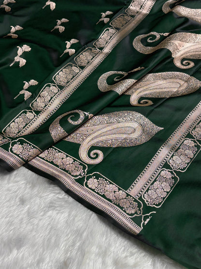 Bottle Green Boota With Floral Border Mashru Silk Saree MSM-93