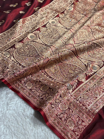 Satin Silk Saree Tredition Banarasi Swarovski Work Floral Boota in Maroon Shades BSS27