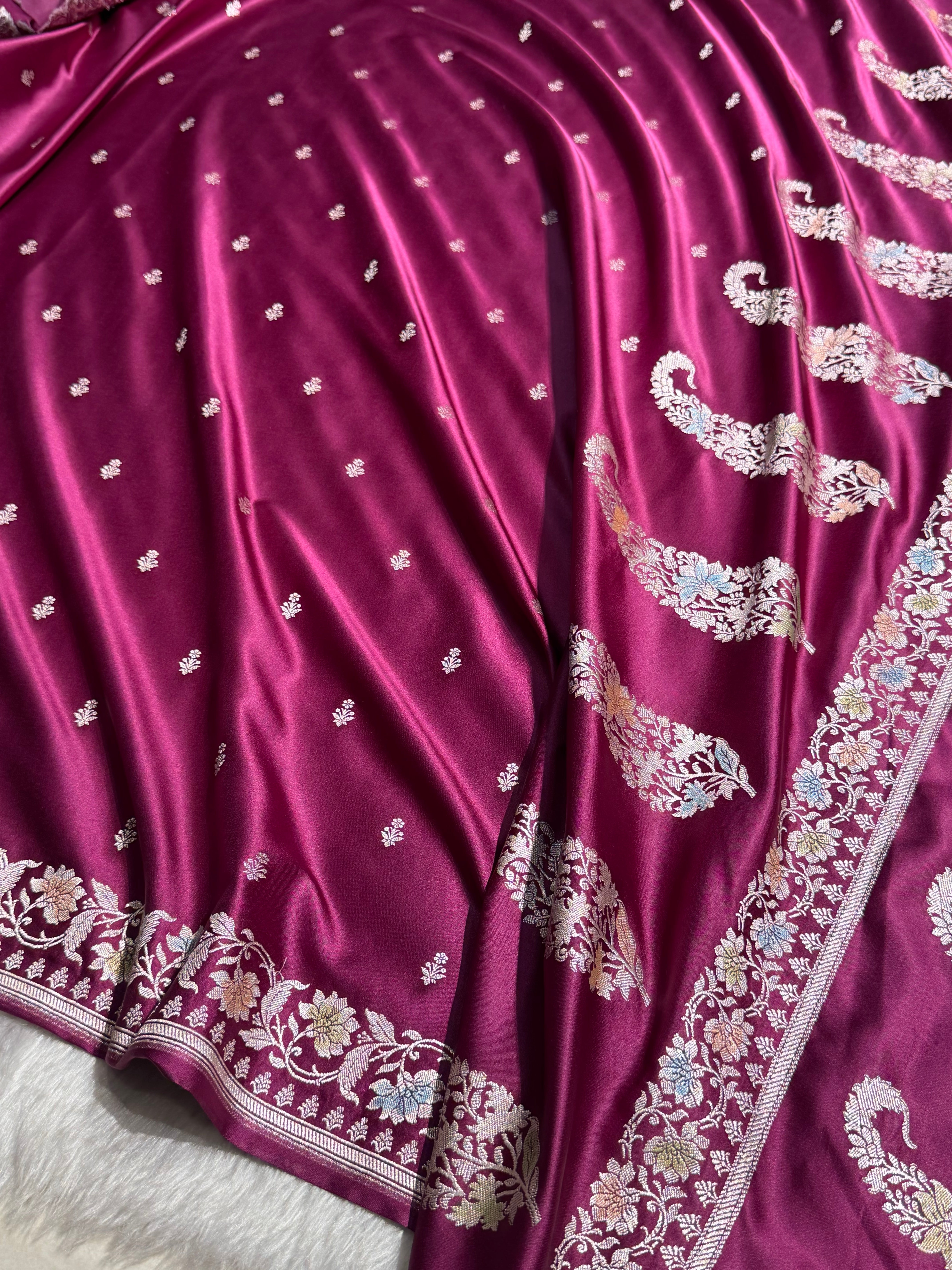 Banarasi Wine Shades Minakari Floral Mashru Silk Saree MCS88