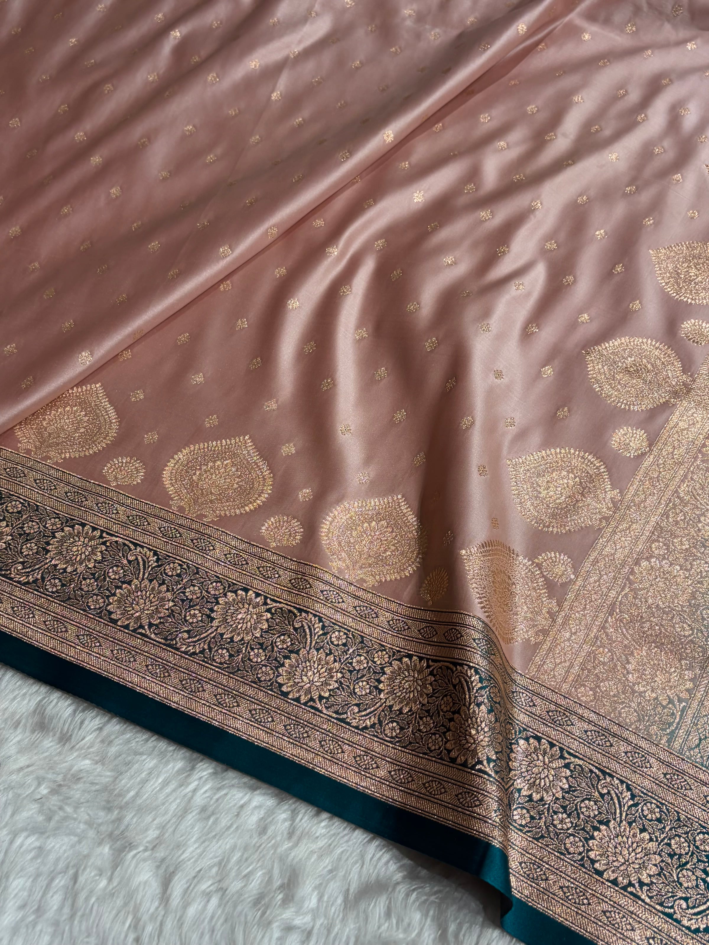 Banarasi Rose Gold with Rama Booti Satin Katan Silk saree SK29