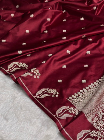Garnet Shades Floral Border Booti Mashru Silk Saree MS74
