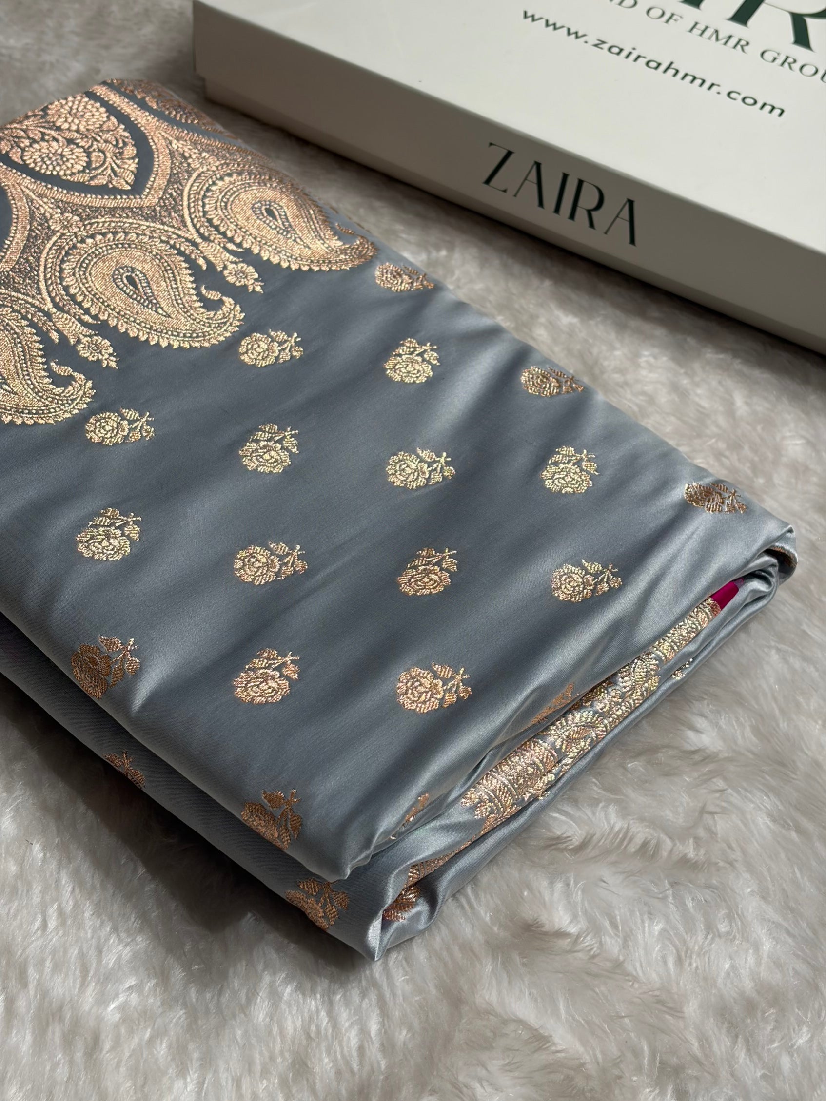 Floral boota Satin katan Silk Saree In Grey Shades SK12