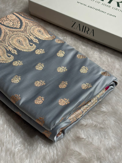 Floral boota Satin katan Silk Saree In Grey Shades SK12