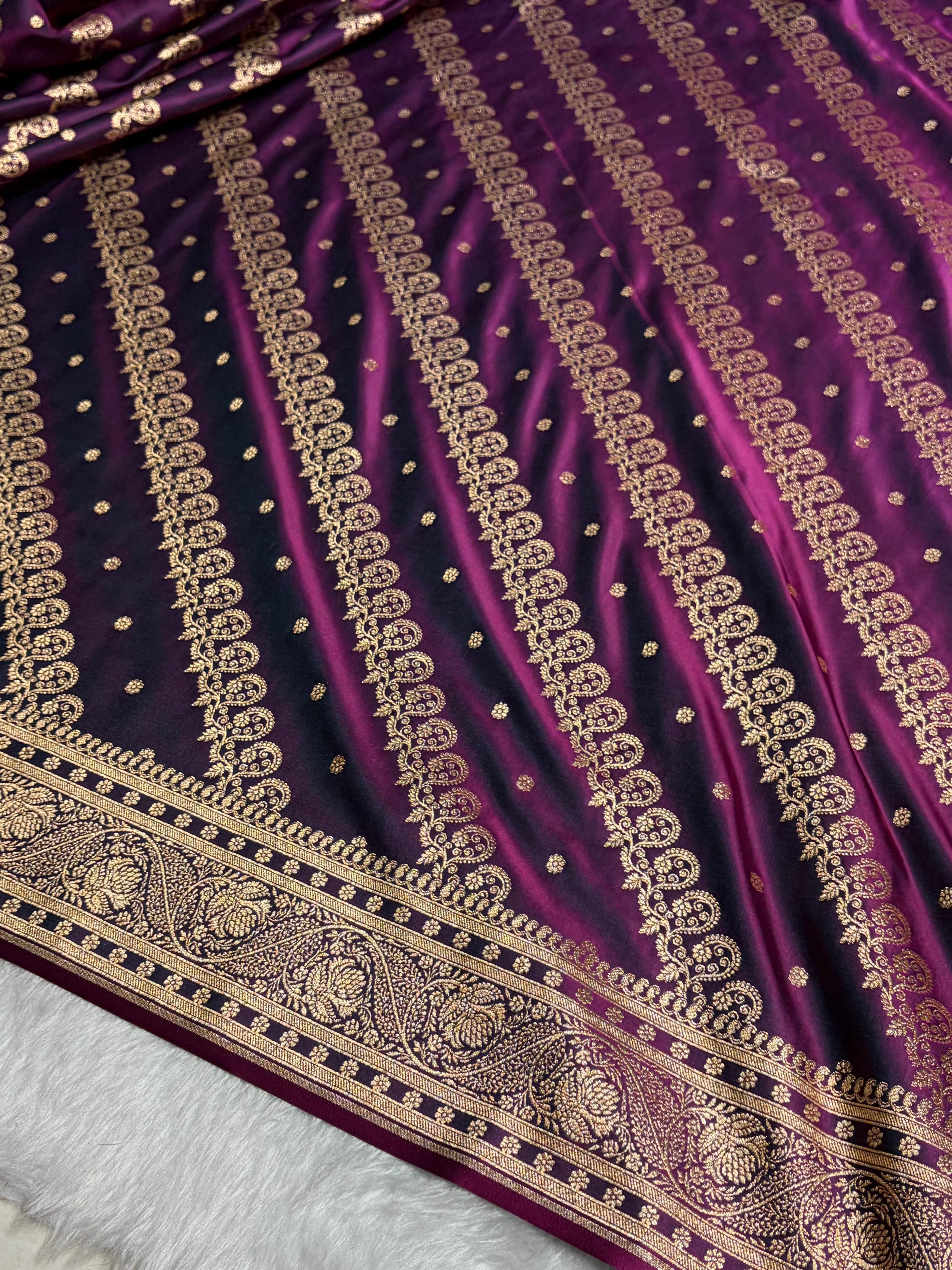 Wine Shades Cross Floral Pattern Satin Katan Silk Saree SK79