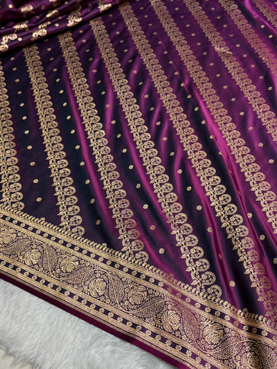 Wine Shades Cross Floral Pattern Satin Katan Silk Saree SK79