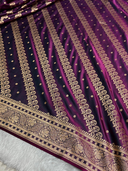 Wine Shades Cross Floral Pattern Satin Katan Silk Saree SK79