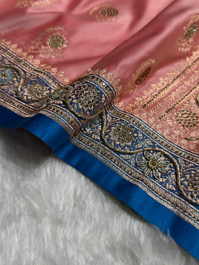 Light Pink with Blue Contrast Floral Boota With Swarovski & Zardozi Work Satin Katan Silk saree BSK27