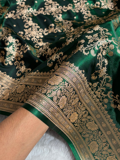 Bottle Green Shades Jaal Pattern Banarasi Satin Silk Saree SS48