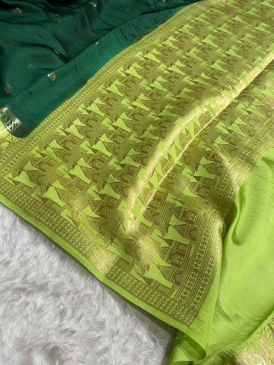 Banarasi Bottle Green With Lemon Contrast Shade Flower Boota Pure Caramel Mango Silk Saree CS-18