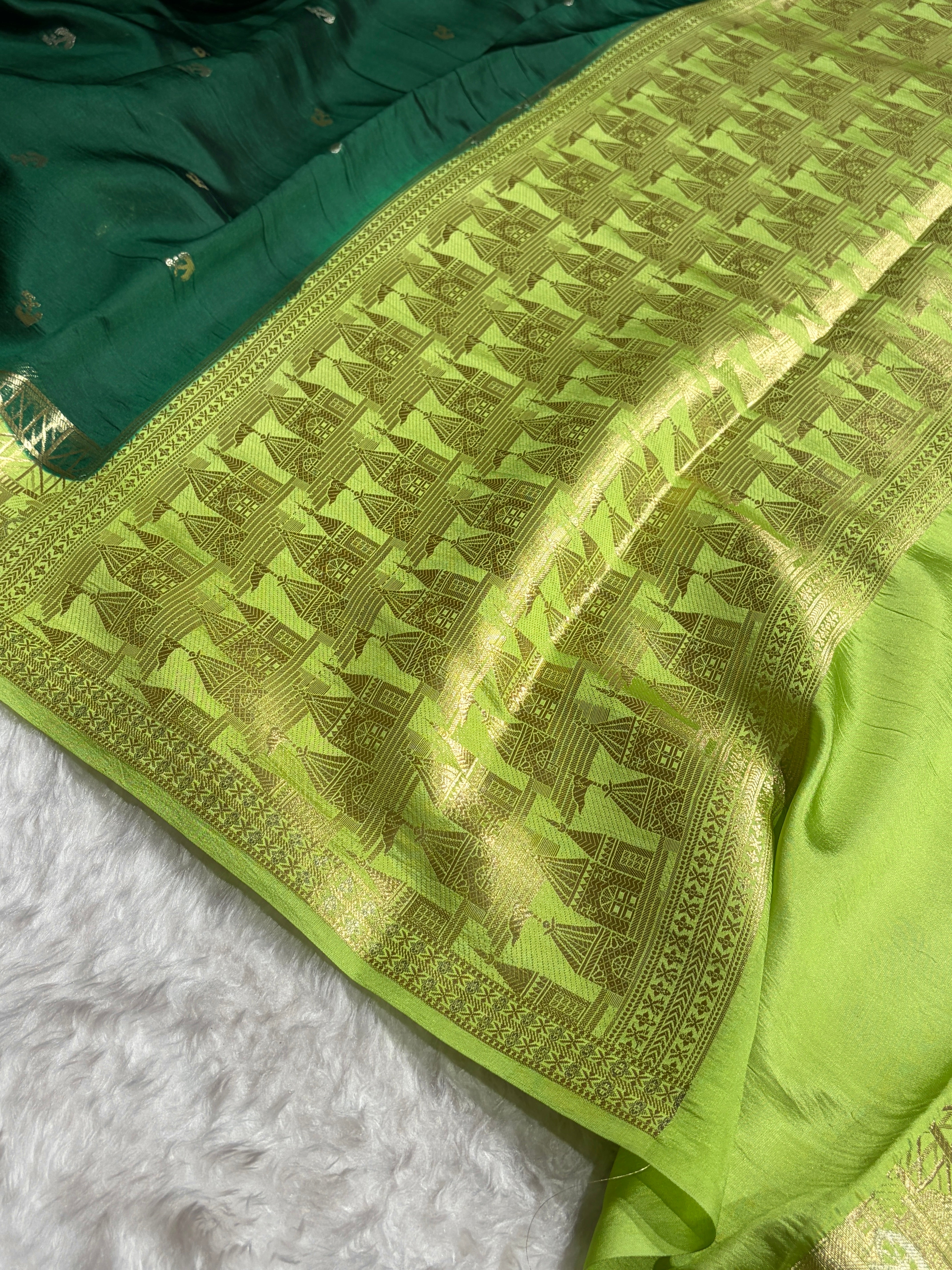 Banarasi Bottle Green With Lemon Contrast Shade Flower Boota Pure Caramel Mango Silk Saree CS-18