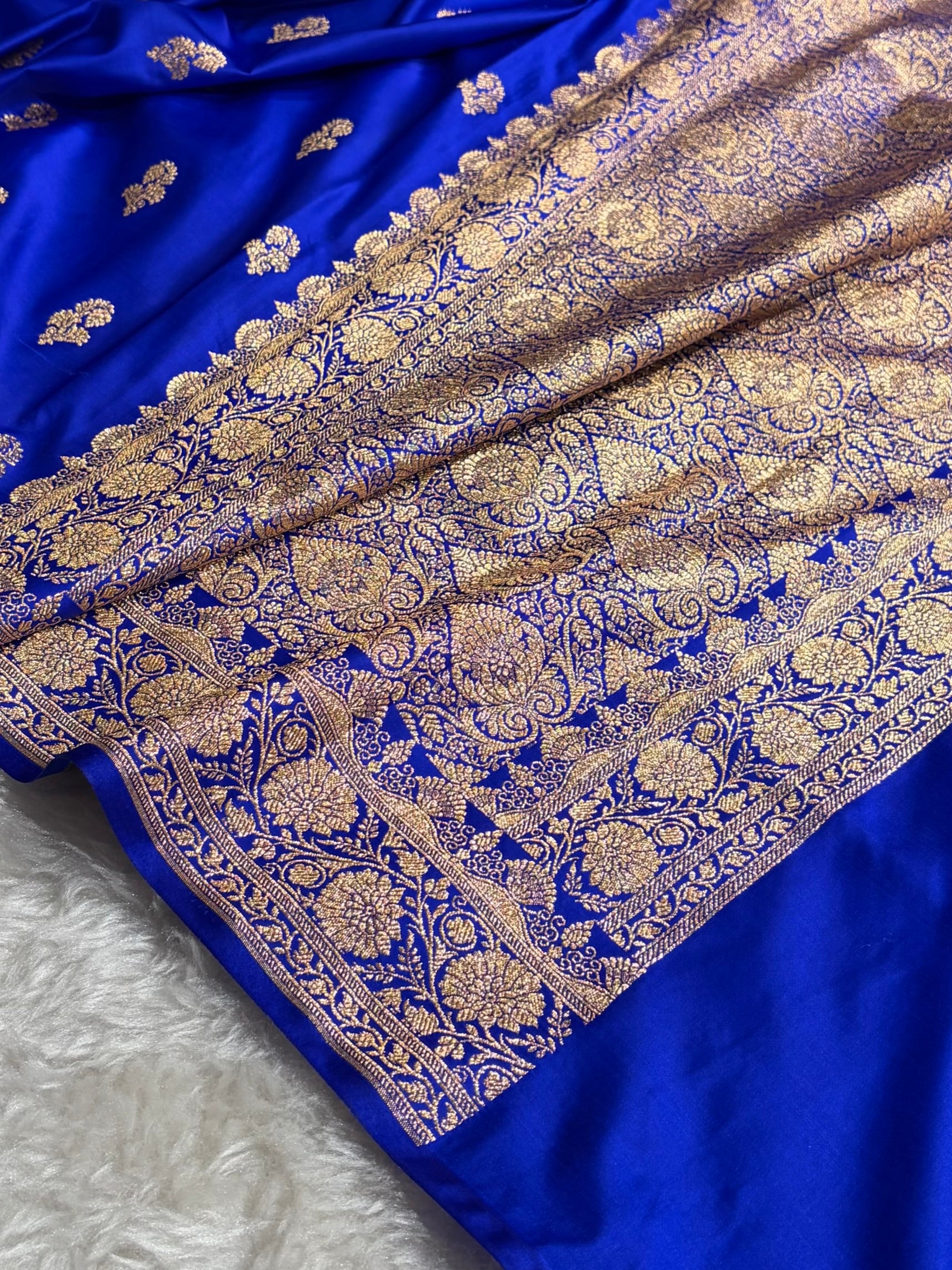 Royal Blue Shades Floral Booti Motif Satin Katan Silk saree SK61