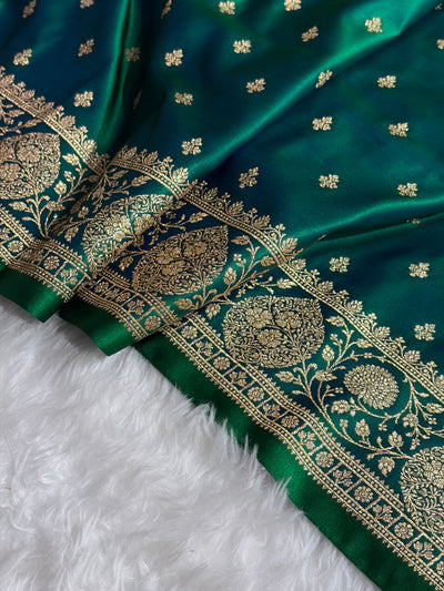 Banarasi Satin Katan Saree With Boota in Cross Green Shades SK117