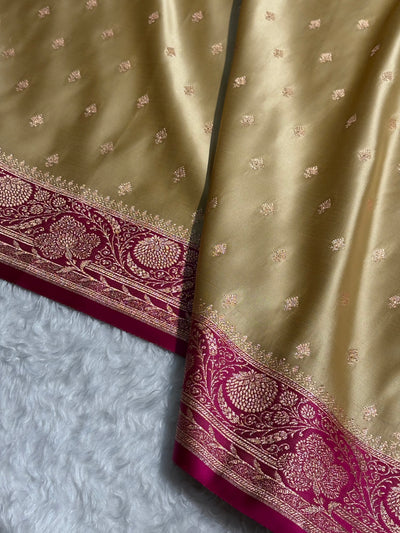 Banarasi Satin Katan Saree Floral Booti Pattern in Contrast Tusser / Rani Shades SK153