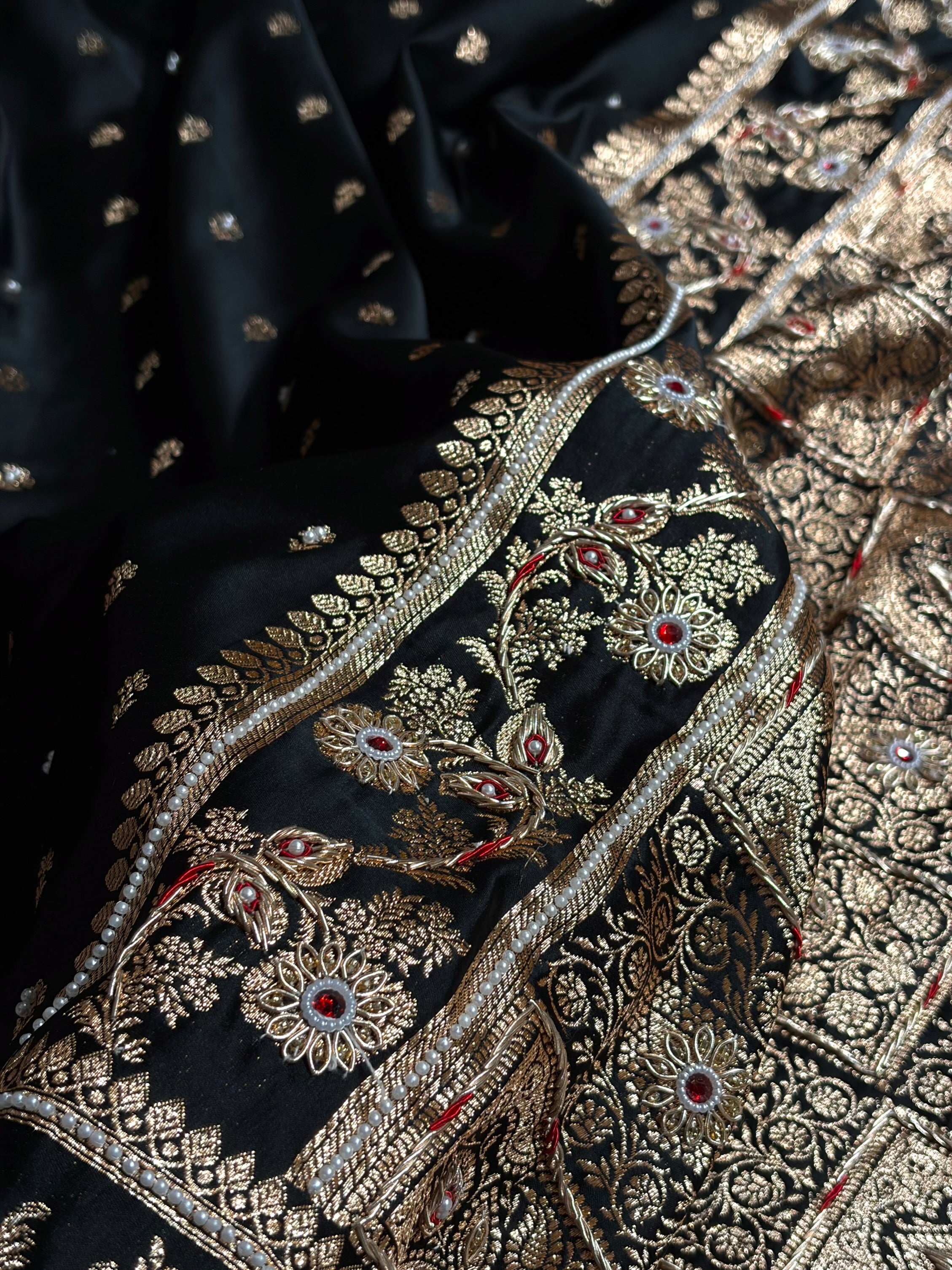 Black Floral Pattern With Aari Zardozi Moti Work Satin Katan Silk Saree BSK77