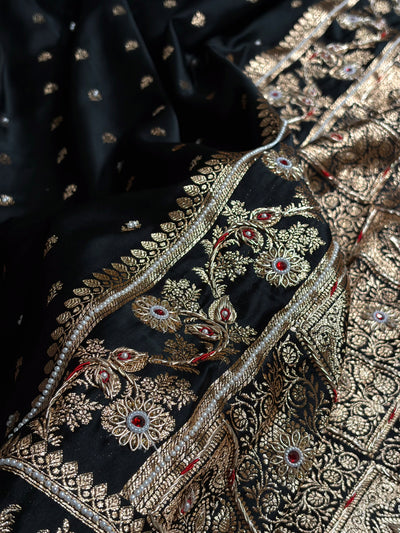 Black Floral Pattern With Aari Zardozi Moti Work Satin Katan Silk Saree BSK77