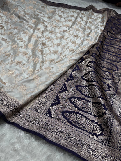 Contrast Navy- White Combination Jaal Mashru Silk Saree