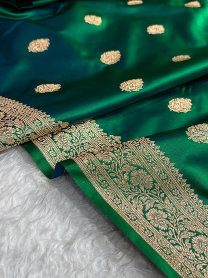 Cross Green Treditional Banarasi Booti Pattern Satin Katan Silk Saree SK65