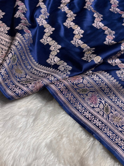 Royal Blue Shades Banarasi Minakari Mashru Silk Saree With Cross Pattern MS02