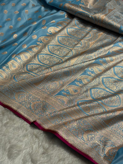 Floral boota Satin katan Silk Saree In Sky Blue Shades SK12