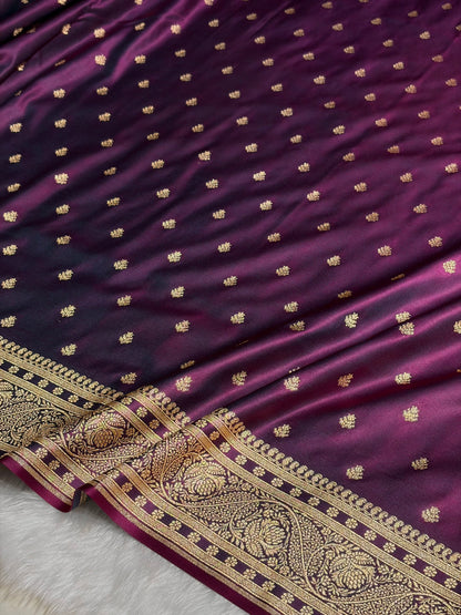 Wine Floral Pattern Satin Katan Silk Saree SK78