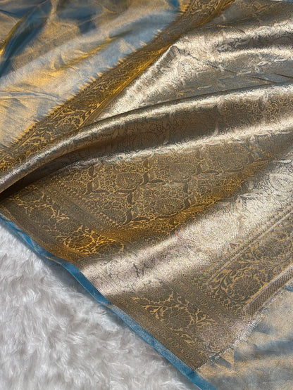 Goldish Firozi Shades Banarasi Pure Tissue Silk Saree with Brocade Blouse PT-18