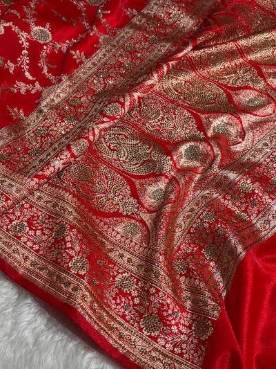 Light Weight Red Satin Silk Saree with Swarovski work BSS14