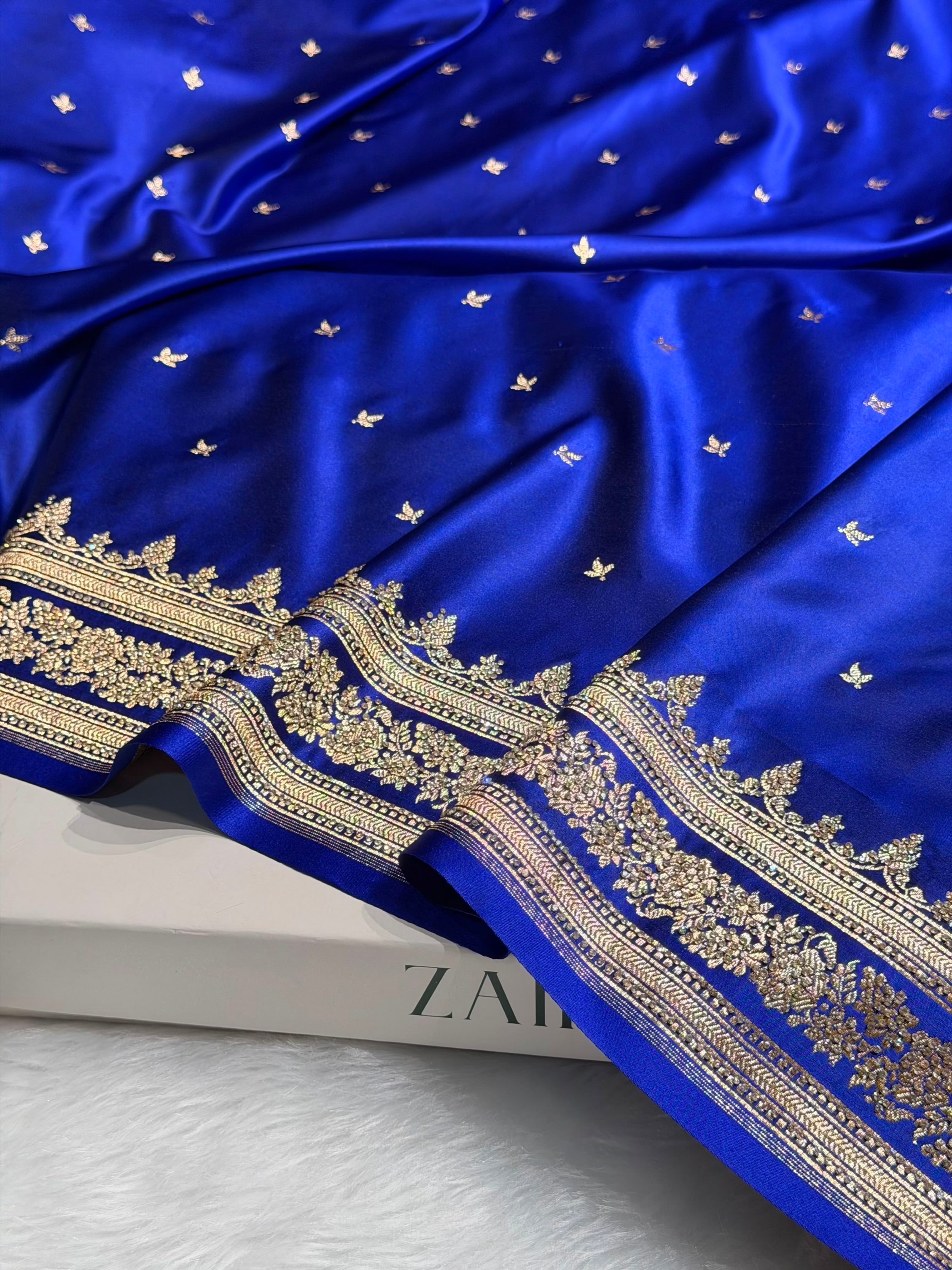 Cross Royal Blue Banarasi Swarovski Work Booti Katan Silk Saree BSKM17