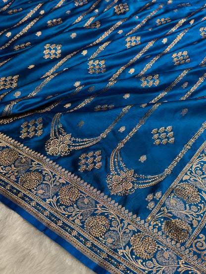 Dusty Blue Floral Boota Pattern With Banarasi Swarovski Stone Work Satin Katan Silk saree BSK39
