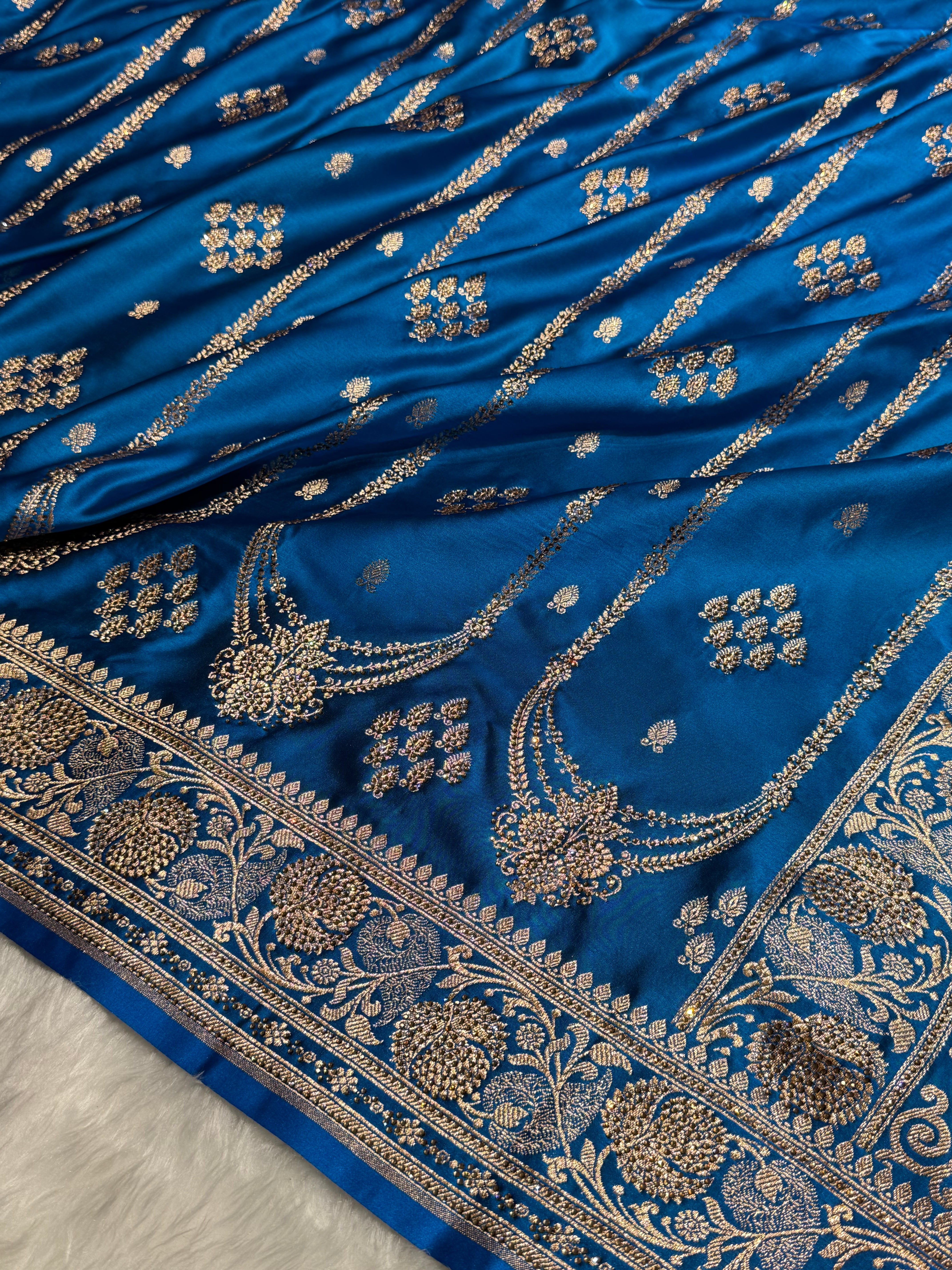 Dusty Blue Floral Boota Pattern With Banarasi Swarovski Stone Work Satin Katan Silk saree BSK39