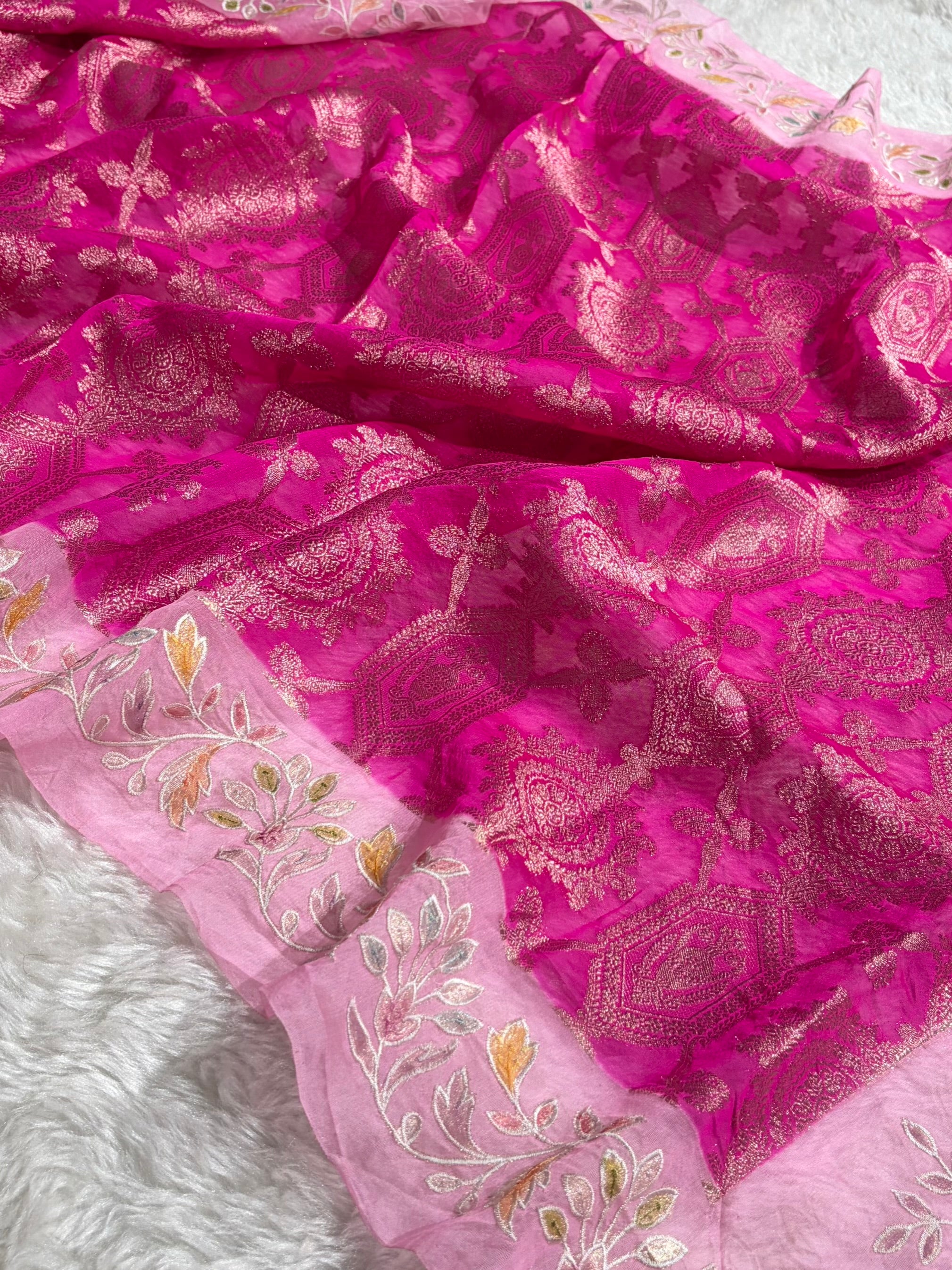 Banarasi Pure Organza Contrast Rani With Baby Pink Shades Banarasi Silk Saree PO-41