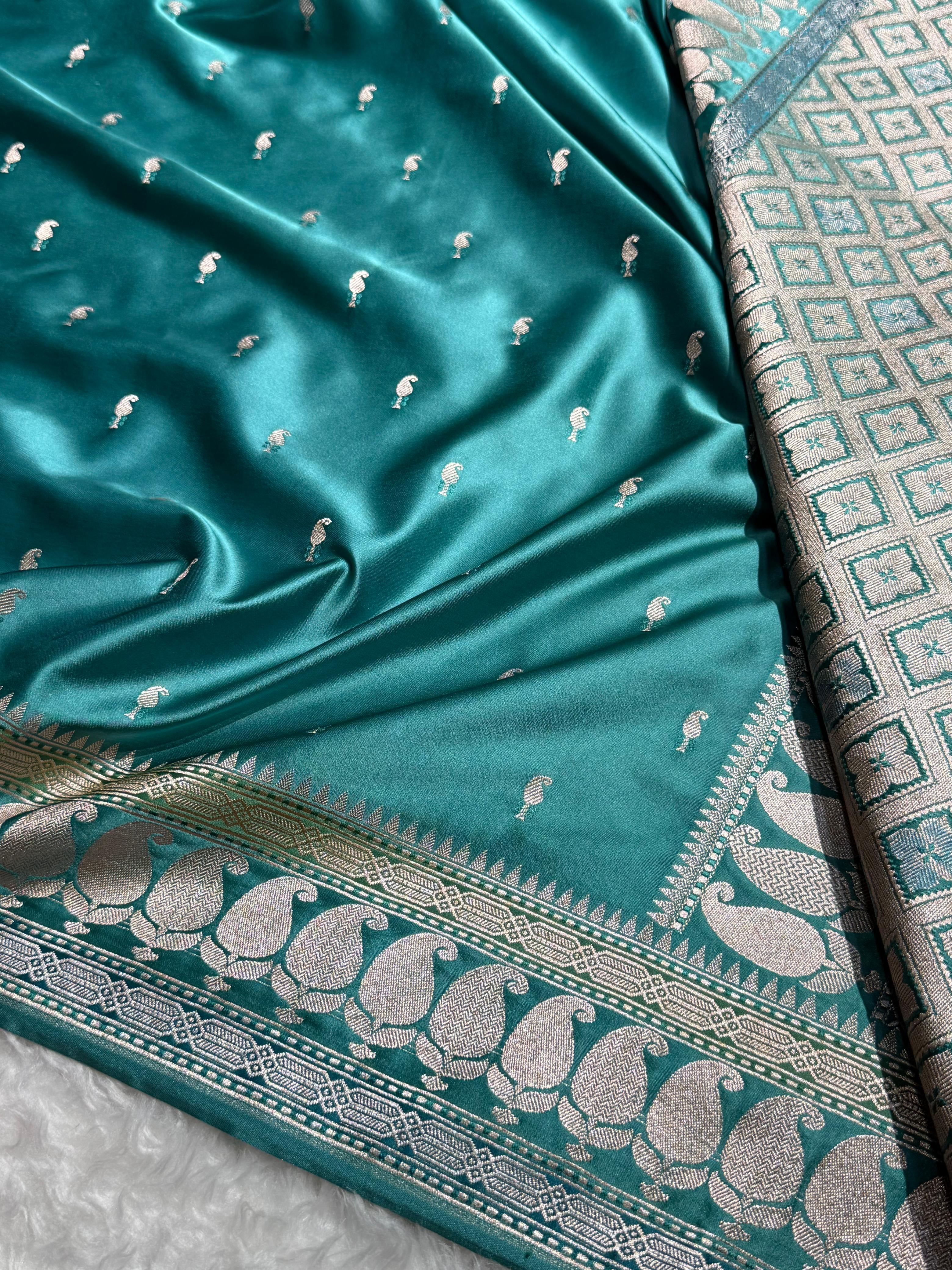 Banarasi Floral Booti Pattern in Rama Shades Floral Mashru Silk Saree MCS102