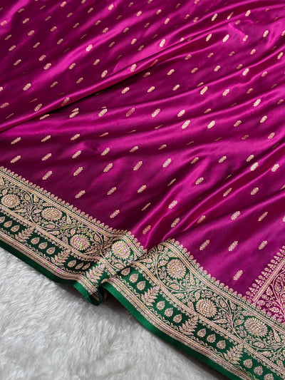 Contrast Wine / Green Floral Booti Banarasi Satin Katan Silk Saree SK14