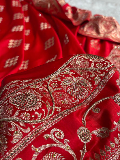 Bridal Red Floral Boota Pattern With Zardozi Stone Work Satin Katan Silk saree BSK34