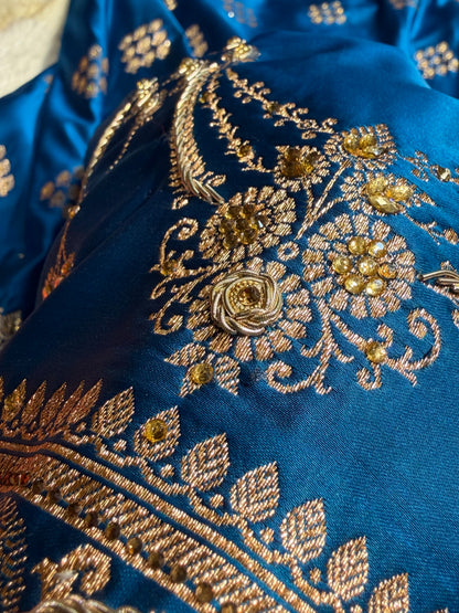 Cross Blue Floral Boota Pattern With Zardozi Stone Work Satin Katan Silk saree BSK34