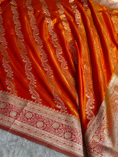 Fire Gold Contrast Shades Cross Pattern Banarasi Satin Silk Saree SS39