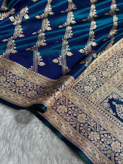 Peacock Shades Cross Pattern Banarasi Satin Silk Saree SS50