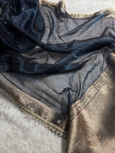 Black Navy Shades Pure Tissue Silk With Banarasi Swarovski Work Saree with Brocade Blouse BPGPT-09