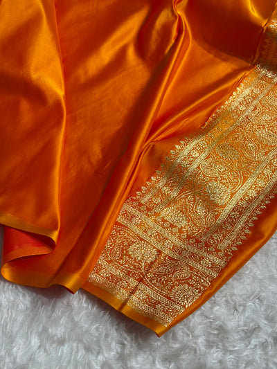 Banarasi Fanta Orange Floral Jaal Pattern Satin Katan Silk saree SK55