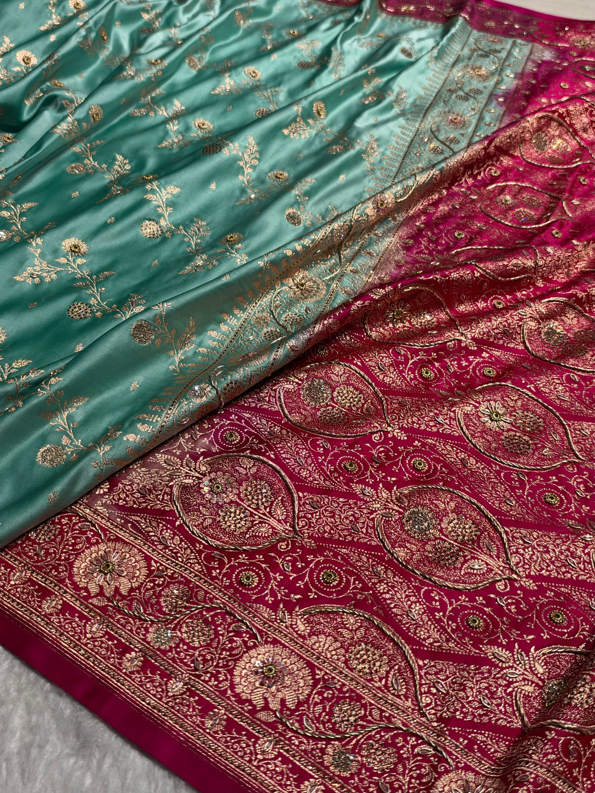 Seagreen and Rani Contrast Banarasi Satin Katan Saree With Aari Zardozi Work Boota in Cross Pista Green Shades BSK157