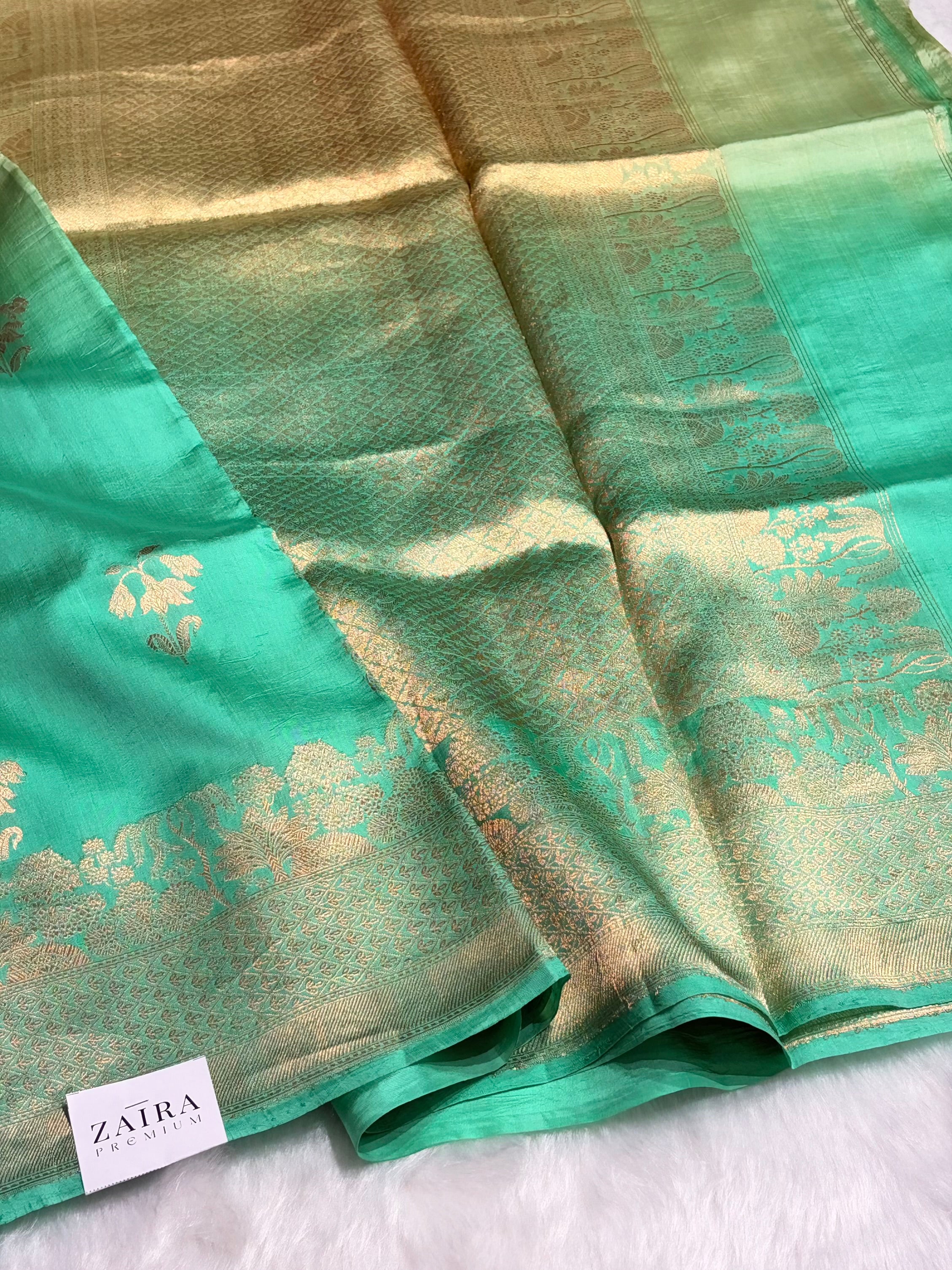 Ombré Sea Green with Pista Shades Boota Handwoven Pure Raw Mango Silk RM-17