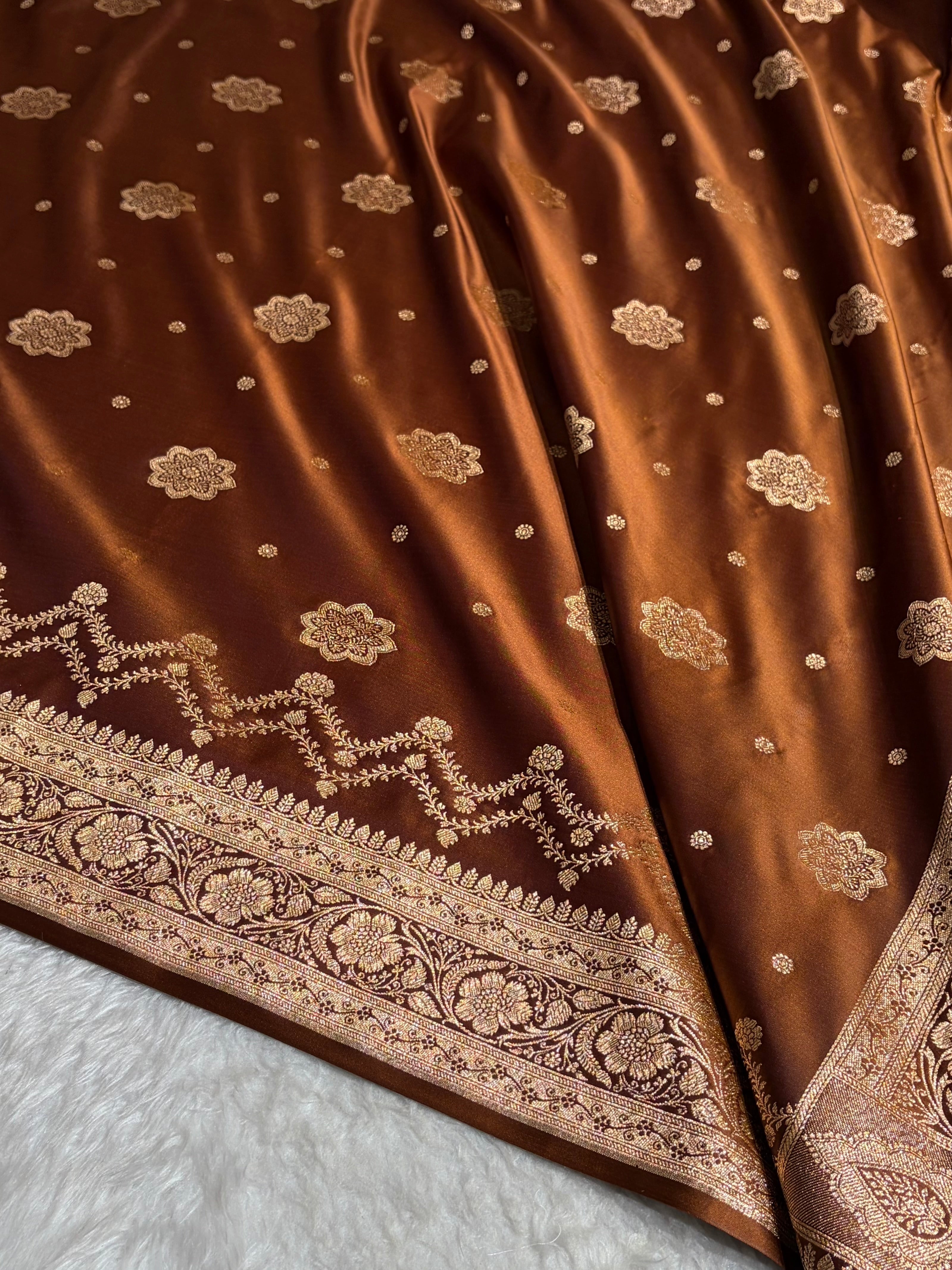 Banarasi Satin Katan Saree Floral Boota Pattern in Coffee Brown Shades SK146