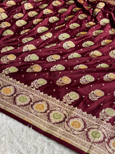 Garnet Banarasi Minakari Booti Satin Katan Silk saree